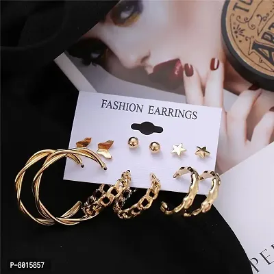 Stylish Golden Hoops Studs Earrings Set of 6 Pairs For Women