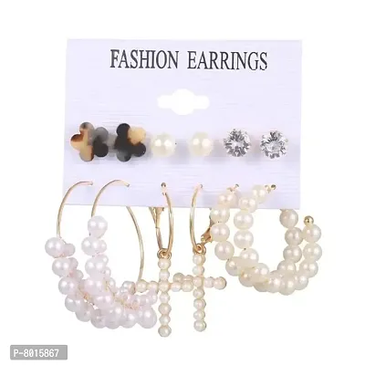 Stylish Cross Pearl Hoops Acylic Stud Earrings set of 6 Pairs For Women-thumb3