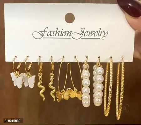 Stylish Butterfly Snake Golden Hoop Pearl Earrings set of 5 Pairs For Women