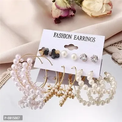 Stylish Cross Pearl Hoops Acylic Stud Earrings set of 6 Pairs For Women-thumb0