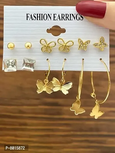 Stylish Rhinstone Butterfly Golden Earrings Set of 6 Pairs For Women