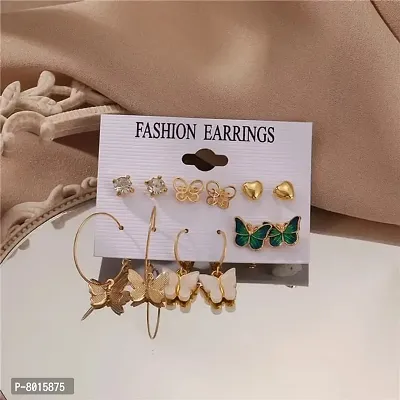 Stylish Green Butterfly Golden Heart Earrings Set of 6 Pairs For Women