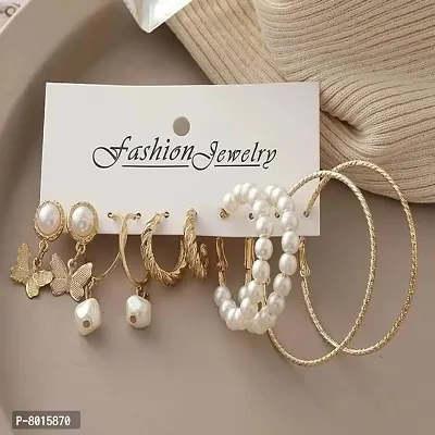 Stylish golden Hoops Pearl Butterfly drop Stud Earrings Set of 5 Pairs For Women