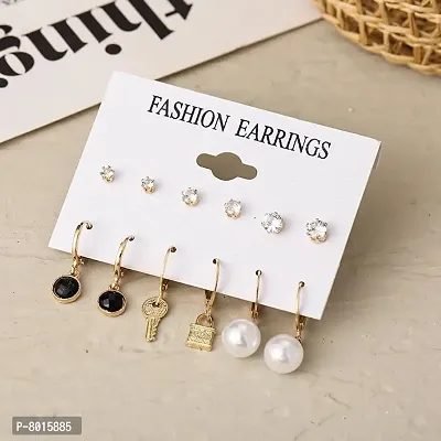 Stylish Pearl Lock amp; Key Rhinstone Earrings Set of 6 Pairs For Women