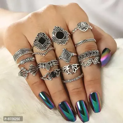 Silver Black Tribal Ring Set of 15