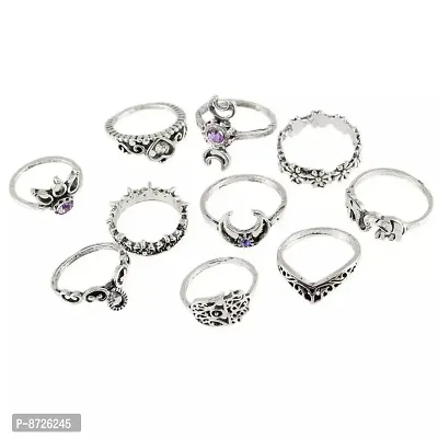 Purple Stone Moon Humsa Hand Silver Boho Ring Set of 9-thumb4