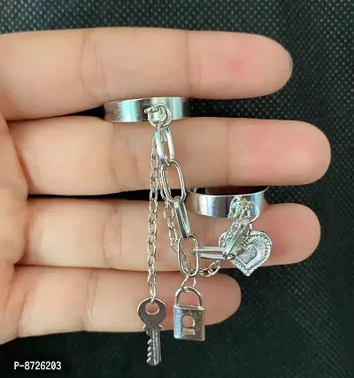 Silver Long Key Heart  BTS Inspired Chain 2 Ring Joinet Ring-thumb3