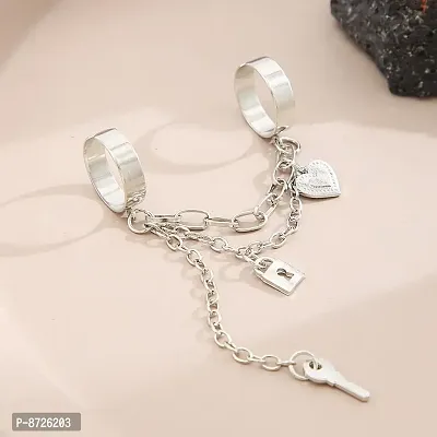 Silver Long Key Heart  BTS Inspired Chain 2 Ring Joinet Ring-thumb4