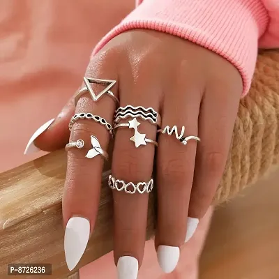 Fishtail Star Triangle Wave Silver Ring Set of 7-thumb0