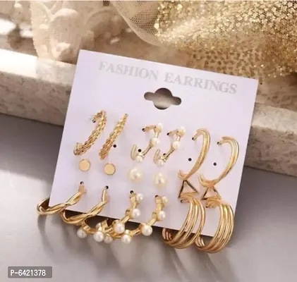 Golden pearl stud earrings set of 9 pair