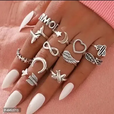 Silver infinity Airplane  moon Arrow Heart Fish Tail AMOR Cactus Leaf Wing  ring set for women