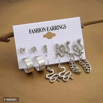 Silver Snake Link Chain Hoop Stud Crystal Earrings Set of 6-thumb0
