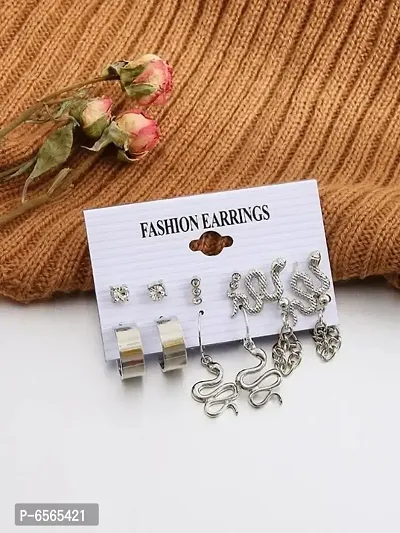 Silver Snake Link Chain Hoop Stud Crystal Earrings Set of 6-thumb2
