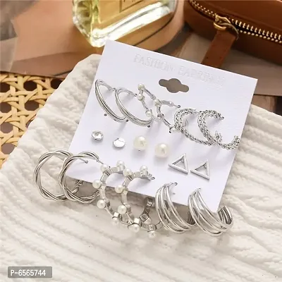 Gorgeous Silver White Pearl Hoop Earrings Set of 9