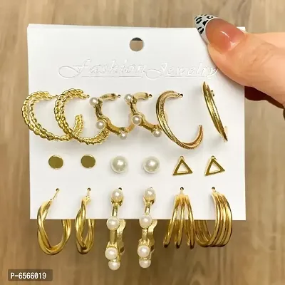 Gorgeous Golden Pearl Hoop Earrings Set of 9-thumb0