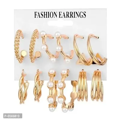 Gorgeous Golden Pearl Hoop Earrings Set of 9-thumb2