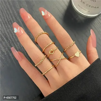 Golden Heart Cross Twisted Link Stone Ring Set of 7-thumb0