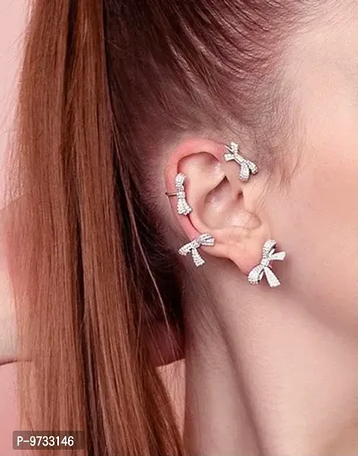 Bow Knot Silver Rhinestone Single Pc Ear Hook  Ear Crawler Korean Earring