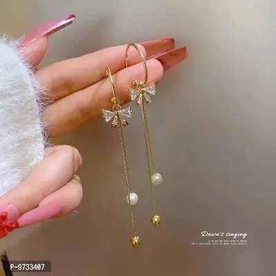 Bow Knot Crystal Pearl Metal Drop Korean Earrings Pair