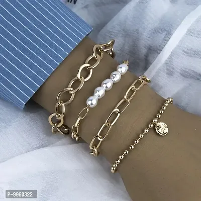 4 Layered Coin Pearl Link Chain Multilayered Korean Bracelet