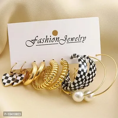 Fashions Black  White Checker Golden Pearl Hoop High Fashion Korean Earrings Pair of 5