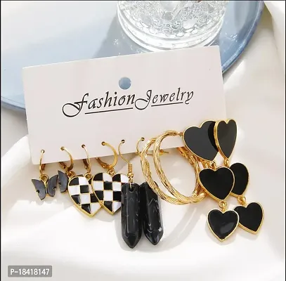 Fashions Black  Golden Heart Cute Butterfly Hoop Korean Earrings Pair of 5