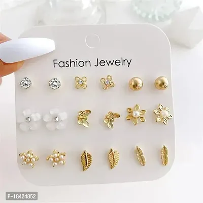 Fashions Golden Leaf Pearl Flower Cute Studs Earrings Pair of 12