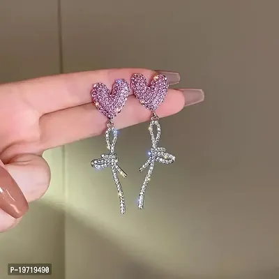 Pink Heart Shaped Crystal Bow Knot Korean Earrings Pair