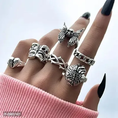 Yu Fashions Heart Skull Butterfly Dragon Wire Link Mask Skull Broken Heart Korean Ring Set of 6