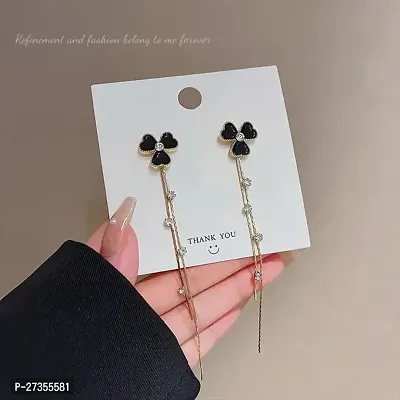 Black Flower Clover Enamel Painted Tassel Stone High Fashion Korean Earrings Pair-thumb0