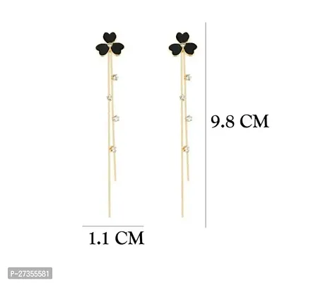Black Flower Clover Enamel Painted Tassel Stone High Fashion Korean Earrings Pair-thumb2