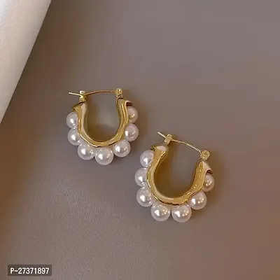 Yu Fashions  U-shaped Elegant Faux pearl hoop earrings for women
