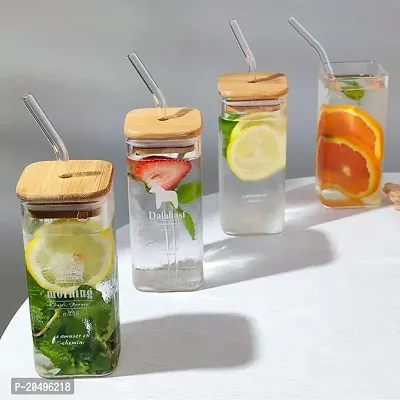 Printed Transparent Squre Glass Sipper Soda and Beer Water Drinking Tumbler Can with Lid, 350 ml Milk Fruit Juice Sipper Mug Cup with Steel Straw (Pack of 1)-thumb4