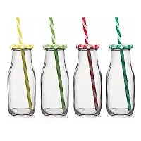 Milk Bottle Glass Mason Jar 350 ML with Reusable Straw and Airtight Twist Lid, Best Suitable for Milk, Juice, Shake, Smoothies, Coco, Coffee, Tea, and Water (Random Color) (Pack of 2)-thumb1