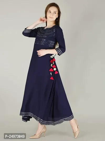 D9O7 Long Gown Kurti for Women Mirror Work (X-Large, Navy Blue)-thumb3