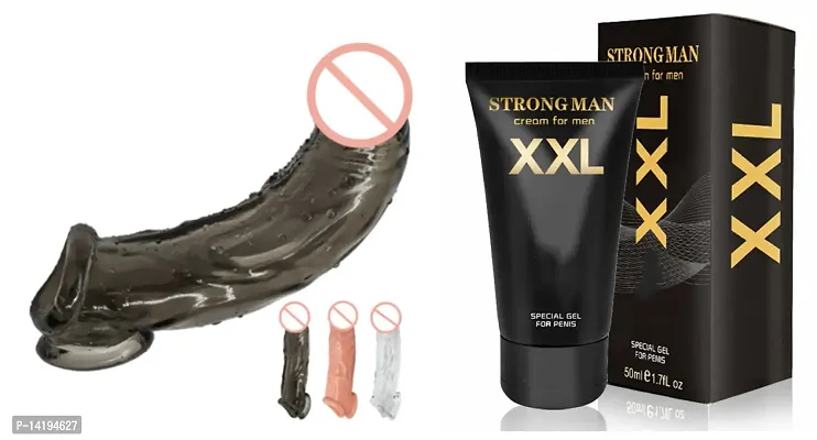 MULTI EXTENSION 7.39 INCH LONG SLEEVE UNIQUE - DOUBLE HOLE BLACK SILICONE CCONDOM + XXL CREME Bigger Strong Man Enlarger Max Size Cream Gold Largo Extra 50 ml