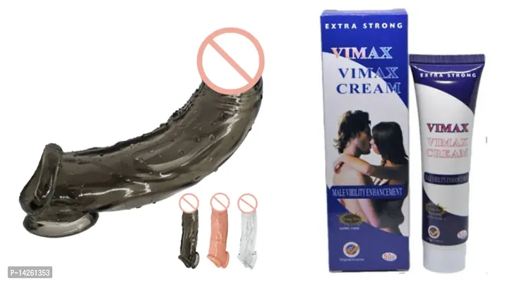 Vimax Cream MASSAGING AND ENHANCING STRONG 100% Safe Cream  (50 g)+ MULTI EXTENSION 7.39 INCH LONG SLEEVE UNIQUE - DOUBLE HOLE BLACK SILICONE CCONDOM