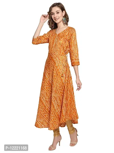 KB CREATION Womens Casual Regular Cotton Angrakha/Anarkali Bandhani Printed 3/4 Sleeves Kurti (M-XXL Sizes) (Medium, Yellow)-thumb3