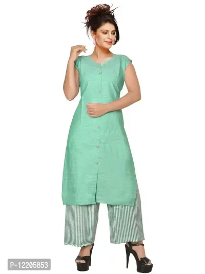 KB CREATION Khadi Cotton Regular Plain Straight Sleeveless Kurta with Striped Pant Set for Girls and Women (Pack of 1)-thumb0