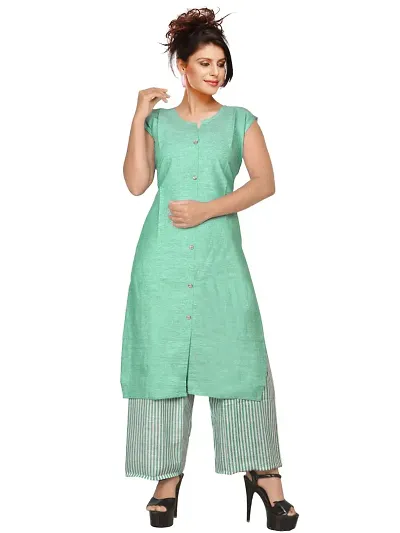 KB CREATION Khadi Regular Plain Straight Sleeveless Kurta with Striped Pant Set for Girls and Women (Pack of 1)