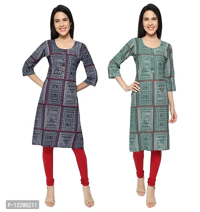 KB CREATION Stylish Straight Cotton Printed Round Kurti Combo for Girls and Women (Green and Blue, XL)-thumb0