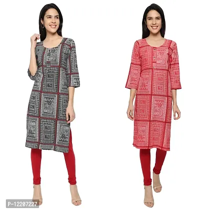 KB CREATION Stylish Straight Cotton Printed Round Kurti Combo for Girls and Women-thumb3