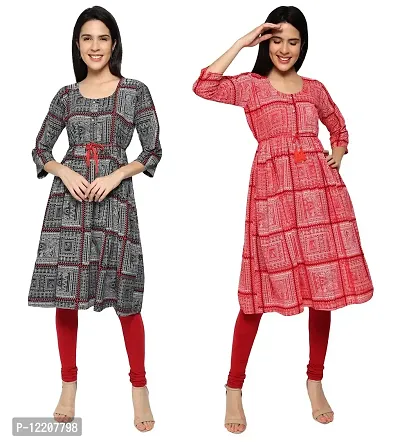 KB CREATION Stylish Cotton Anarkali Printed Kurti Combo for Girls and Women (Black and Red, M)