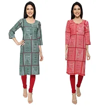 KB CREATION Stylish Straight Cotton Printed Round Kurti Combo for Girls and Women-thumb3