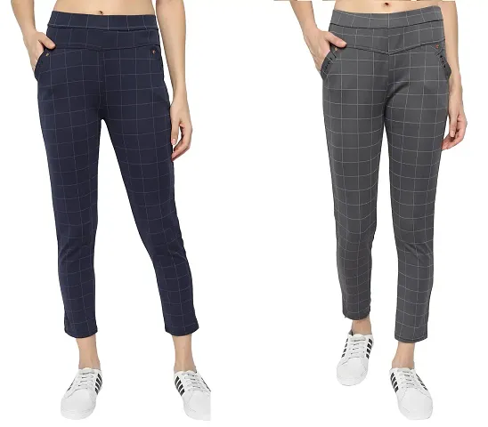 KB CREATION Slim Lycra Check Jegging | Ankle Length Jegging | Jegging Style Formals/Casual Stretchable Regular Fit Official Check Pant Combo for Women and Girls (Blue and Grey, Size-30)