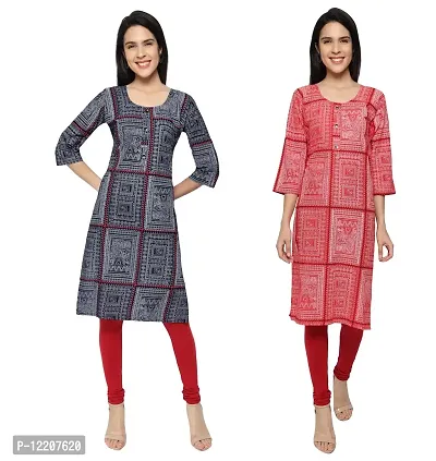 KB CREATION Stylish Straight Cotton Printed Round Kurti Combo for Girls and Women (Blue and Red, XL)
