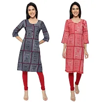 KB CREATION Stylish Straight Cotton Printed Round Kurti Combo for Girls and Women (Blue and Red, XL)-thumb1