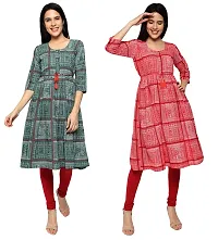 KB CREATION Stylish Cotton Anarkali Printed Kurti Combo for Girls and Women (Green and Red, XL)-thumb1