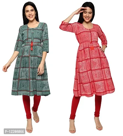 KB CREATION Stylish Cotton Anarkali Printed Kurti Combo for Girls and Women (Green and Red, XL)-thumb2