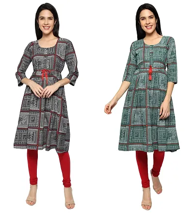 Stylish Cotton Printed A-Line Kurti - Pack of 2